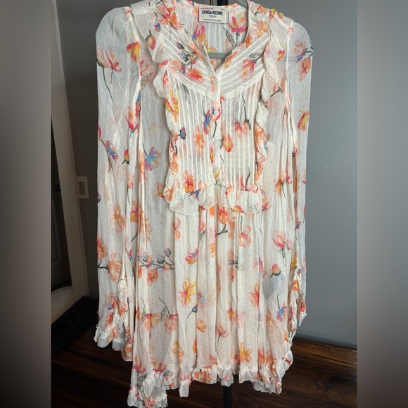 Zadig & Voltaire Dresses & Skirts - Zadig & Voltaire Cream Floral Pintuck Ruffle Long-Sleeve Dress